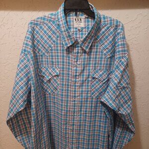 Ely Cattleman Western Shirt Mens 4XLT Blue Red White Plaid Pearl Snap Long Sleev